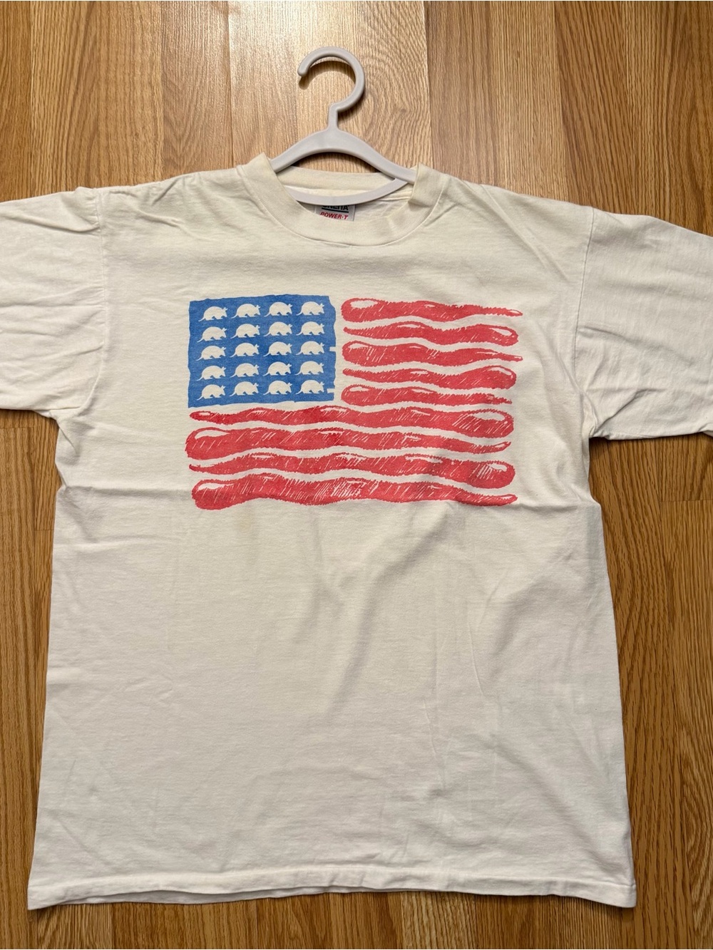Men's White Graphic Flag T-Shirt with Red & Blue Print Oneita Power-T XL Made US